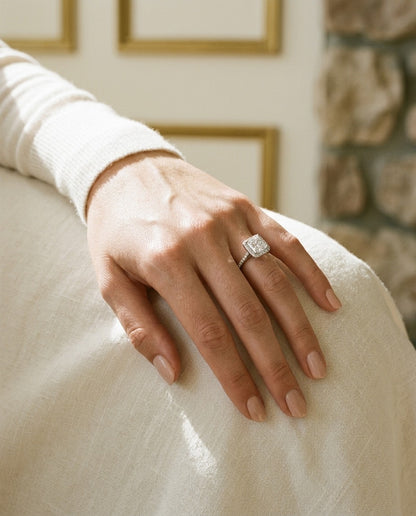 Diamond Princess Cut Halo Engagement Ring In 14k White Gold — portrait close