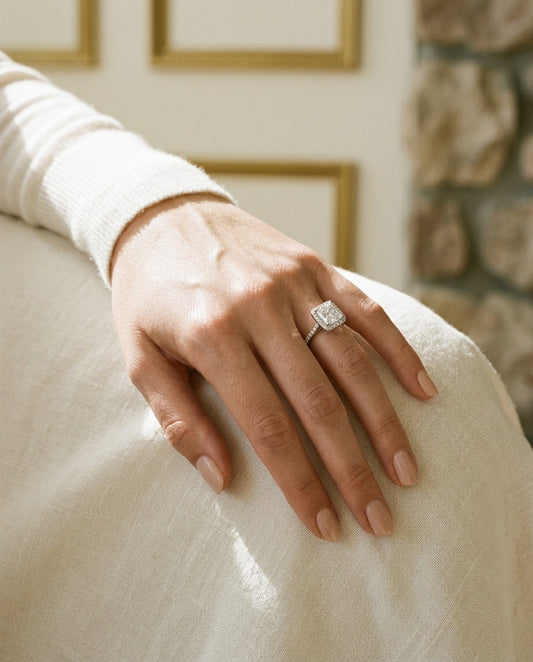 Diamond Princess Cut Halo Engagement Ring In 14k White Gold — portrait close