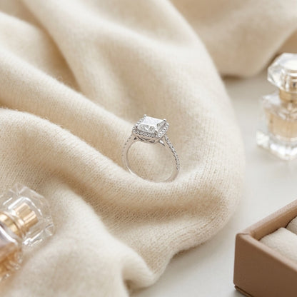 Diamond Princess Cut Halo Engagement Ring In 14k White Gold — textile flat lay