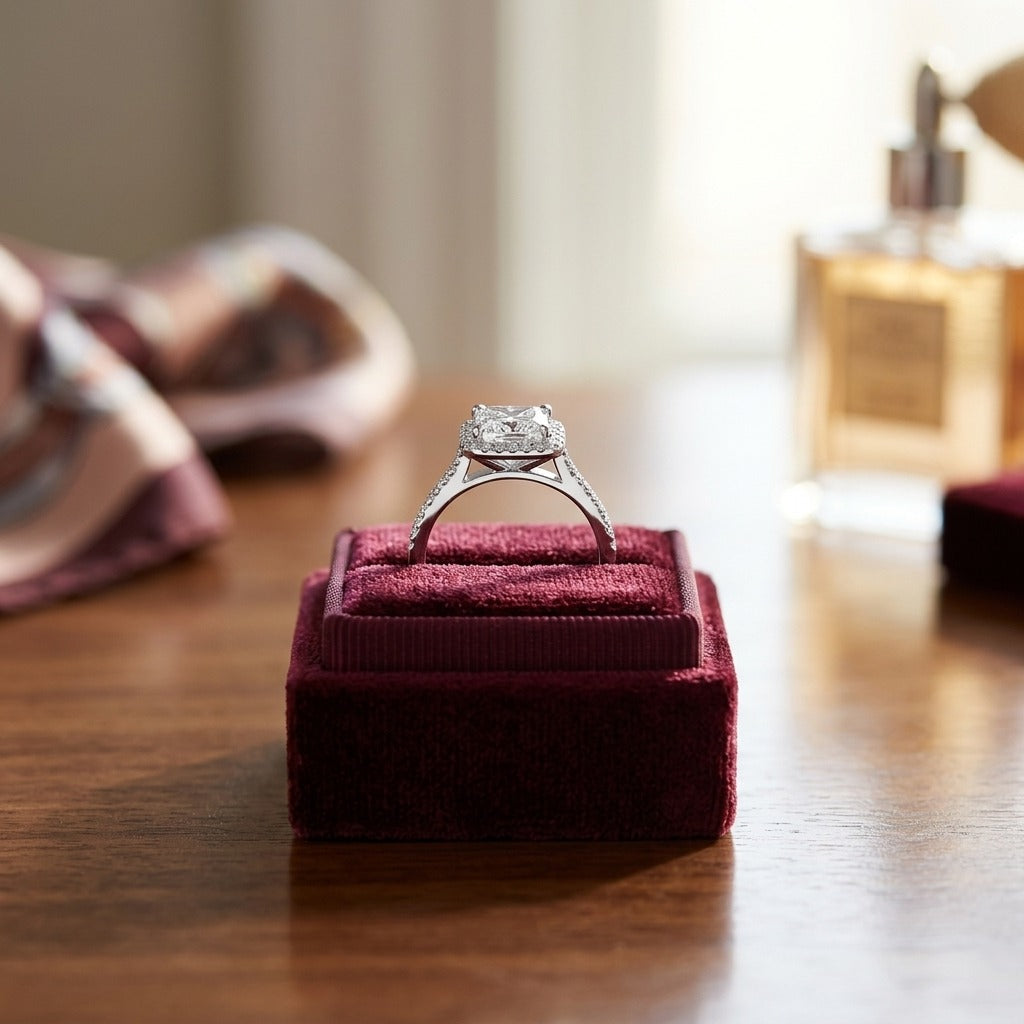 Diamond Princess Cut Halo Engagement Ring In 14k White Gold — velvet box