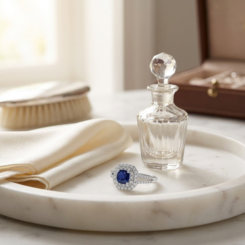 Sapphire and Diamond Double Halo Engagement Ring in 14k White Gold — marble silk