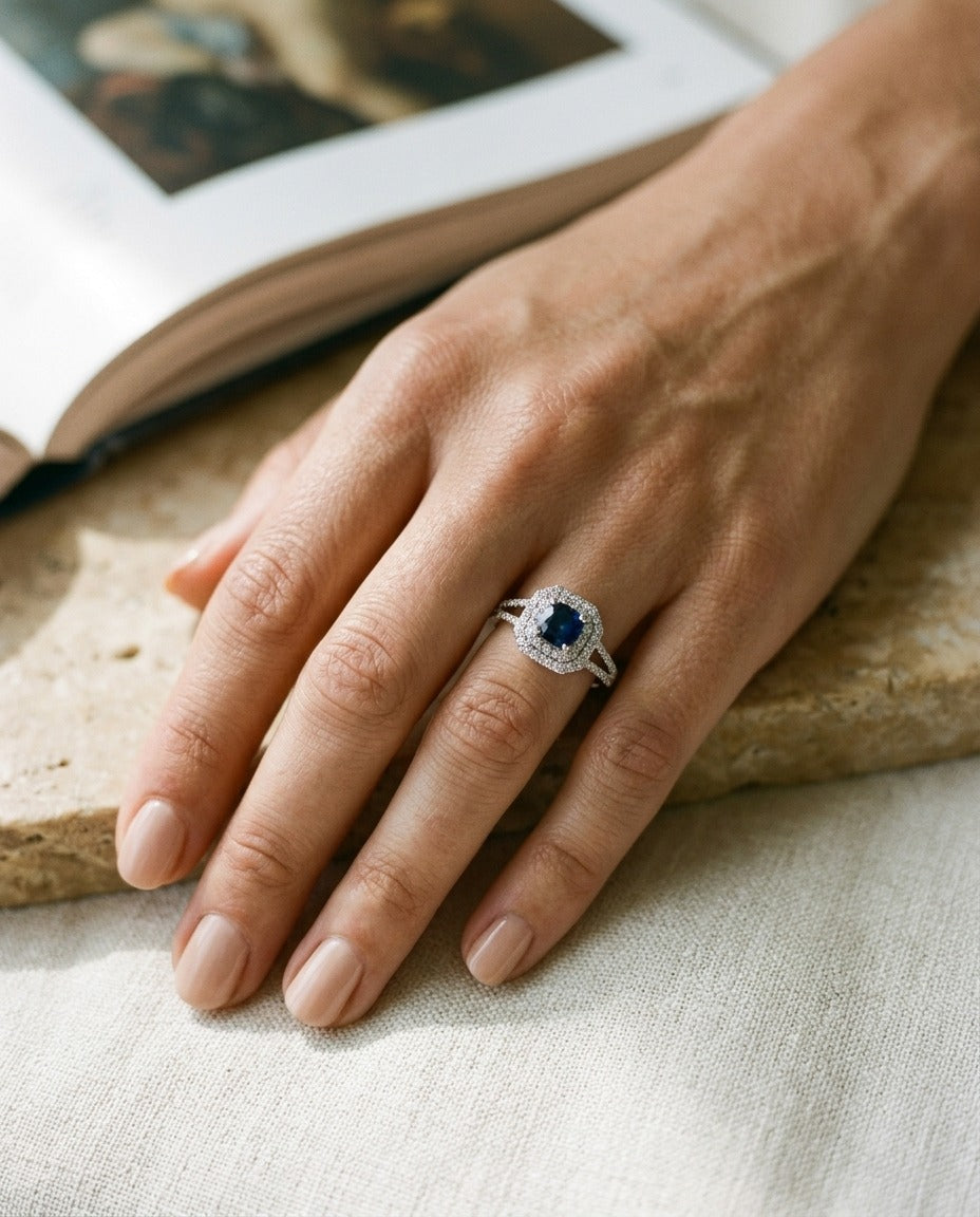 Sapphire and Diamond Double Halo Engagement Ring in 14k White Gold — portrait close
