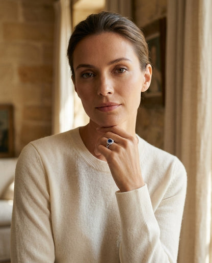 Sapphire and Diamond Double Halo Engagement Ring in 14k White Gold — portrait full