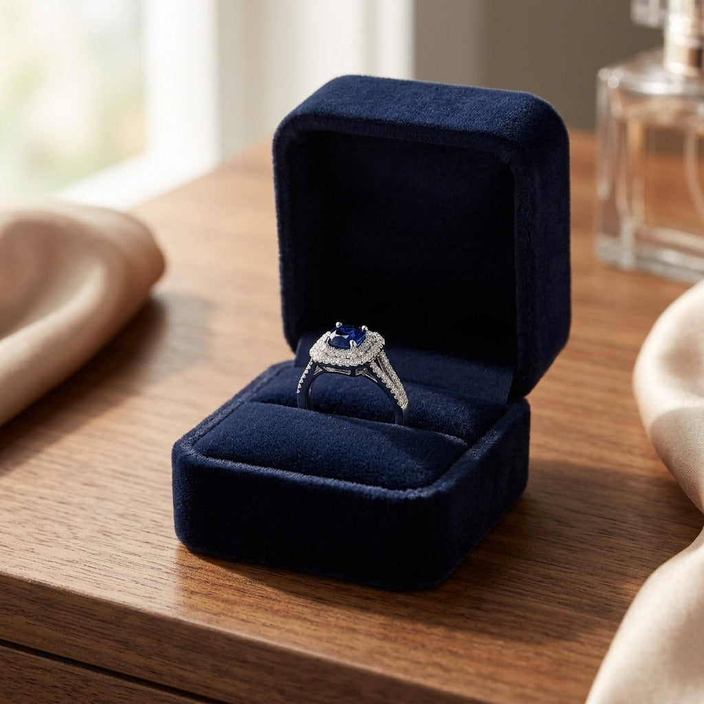 Sapphire and Diamond Double Halo Engagement Ring in 14k White Gold — velvet box