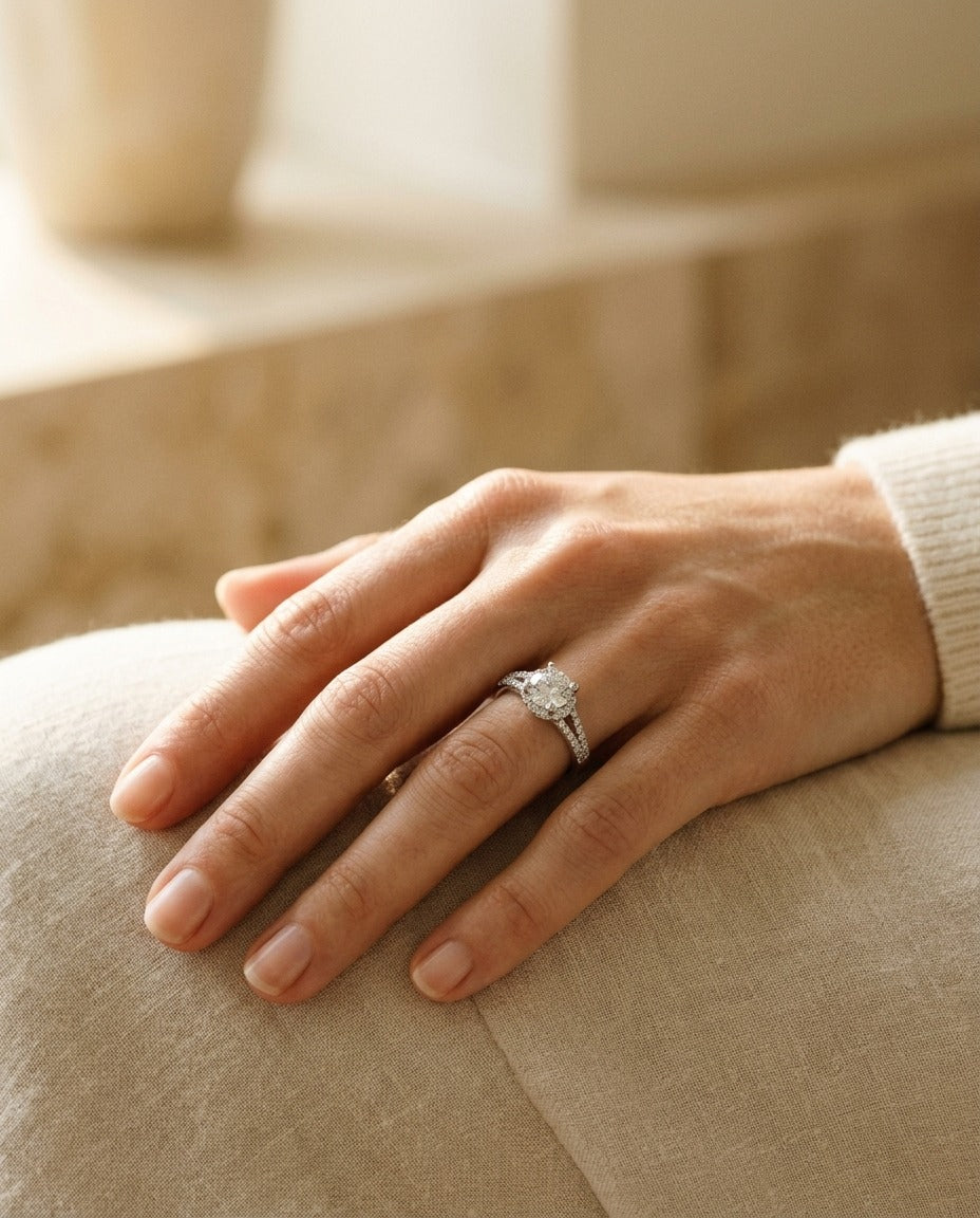 Diamond Split Shank Engagement Ring In 14k White Gold With Cubic Zirconia Center — portrait close