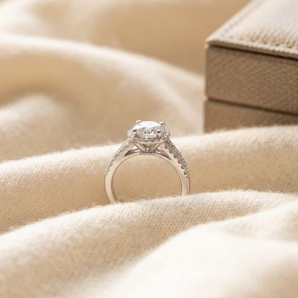 Diamond Split Shank Engagement Ring In 14k White Gold With Cubic Zirconia Center — textile flat lay