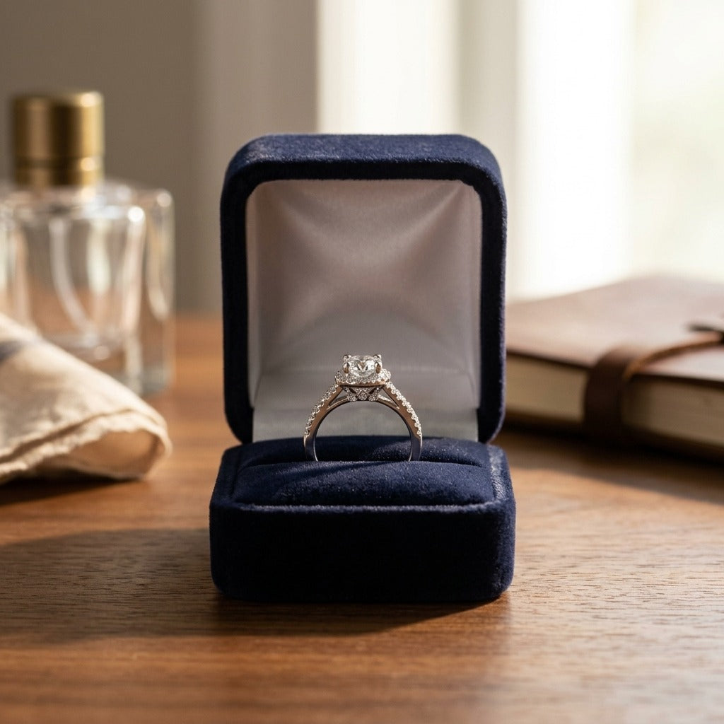 Diamond Split Shank Engagement Ring In 14k White Gold With Cubic Zirconia Center — velvet box