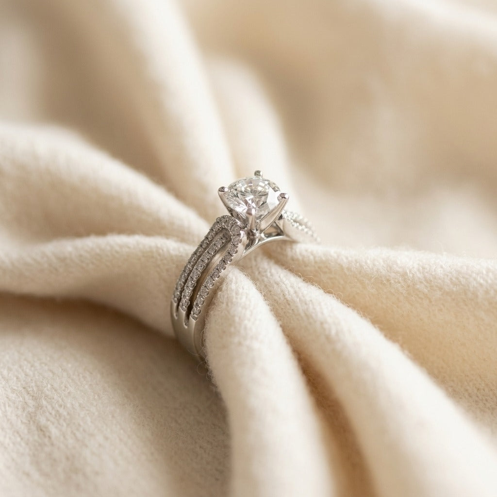 Diamond Engagement Semi Mount Ring 7mm Rd Cz Center in 14k White Gold (1/3 Ct.tw.) — textile flat lay