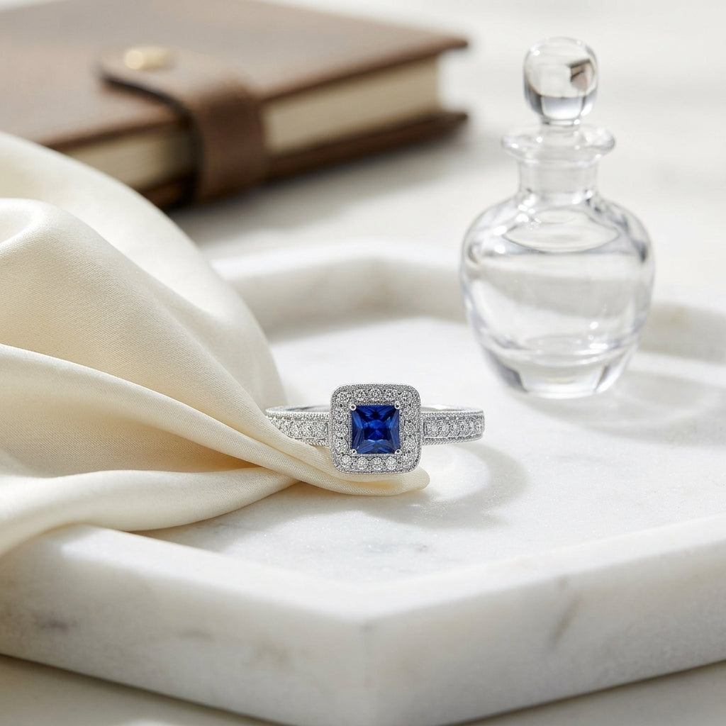 Square Blue Sapphire And Diamond Vintage Halo Ring In 14k White Gold (hi-si) (4mm) — atelier still life