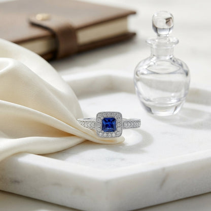 Square Blue Sapphire And Diamond Vintage Halo Ring In 14k White Gold (hi-si) (4mm) — atelier still life