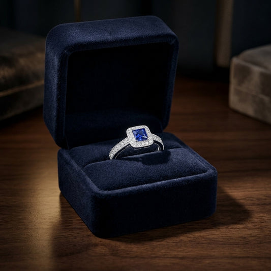 Square Blue Sapphire And Diamond Vintage Halo Ring In 14k White Gold (hi-si) (4mm) — gift presentation