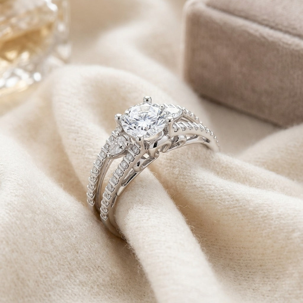 Cubic Zirconia and Diamond Ring in 14k White Gold (1/2 Ct. Tw.) — textile flat lay