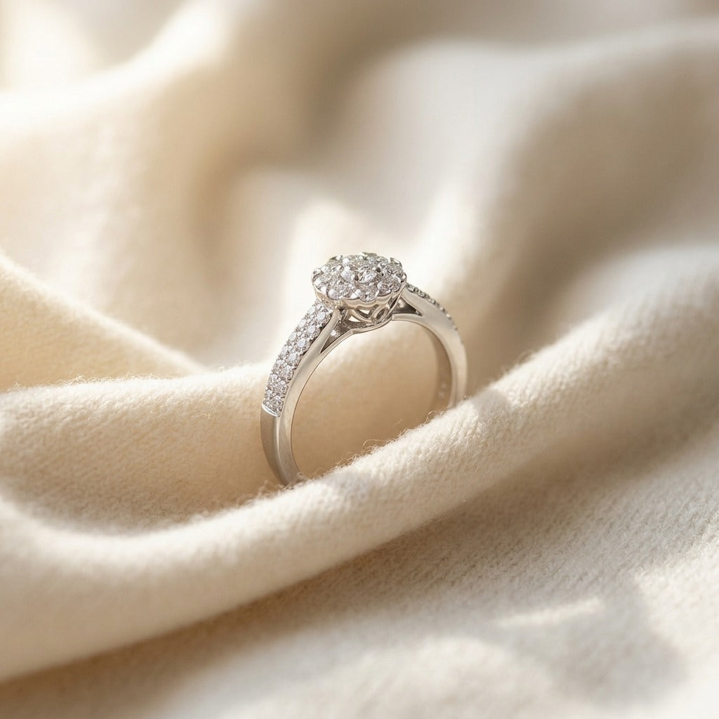 14k White Gold Double Row Pave Diamond Cluster Ring 0.35ctw — textile flat lay