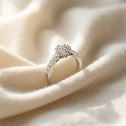 14k White Gold Double Row Pave Diamond Cluster Ring 0.35ctw — textile flat lay