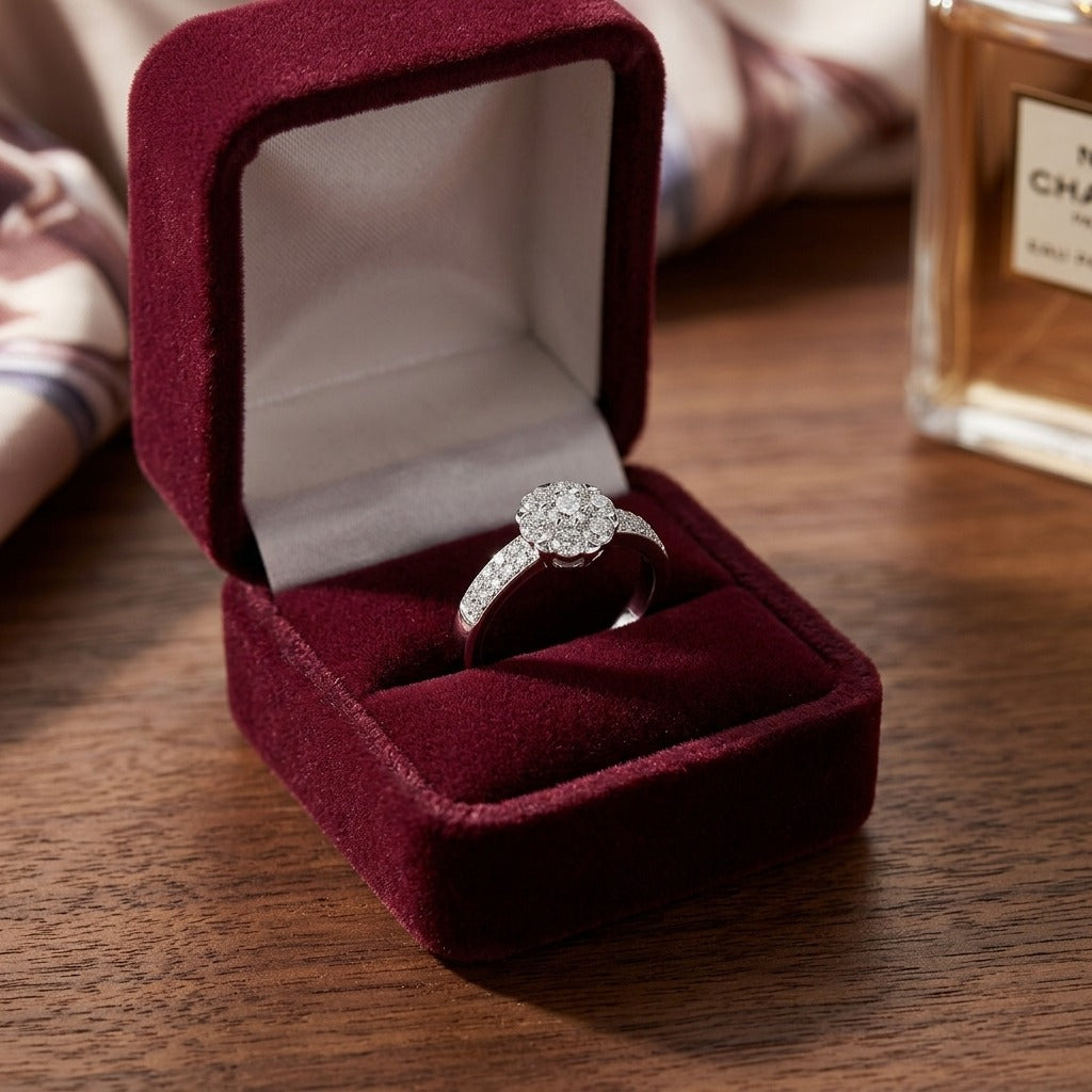14k White Gold Double Row Pave Diamond Cluster Ring 0.35ctw — velvet box