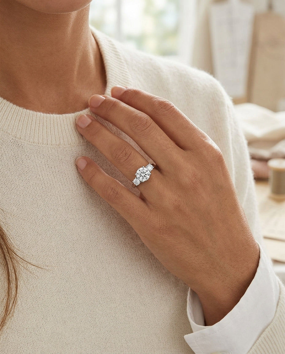 3-stone Round Brilliant Ring In 14k White Gold — editorial close-up