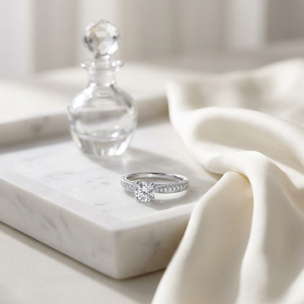 Diamond Round Center Ring (0.50ct) With Round Pave Set Shank And Bezeled Gallery In 14k White Gold — atelier still life