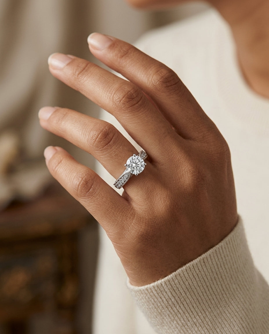 Diamond Round Center Ring (0.50ct) With Round Pave Set Shank And Bezeled Gallery In 14k White Gold — editorial close-up