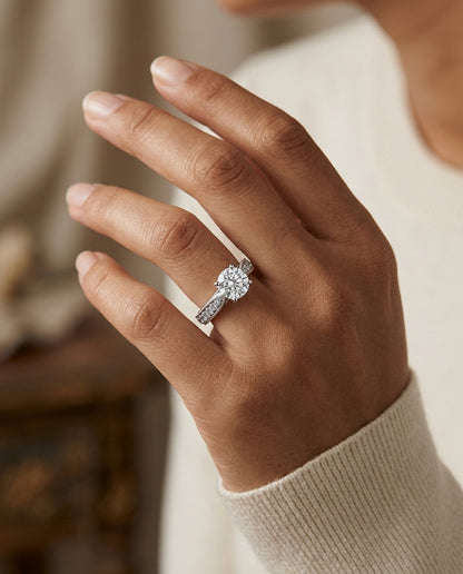 Diamond Round Center Ring (0.50ct) With Round Pave Set Shank And Bezeled Gallery In 14k White Gold — editorial close-up