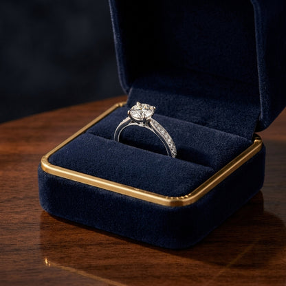 Diamond Round Center Ring (0.50ct) With Round Pave Set Shank And Bezeled Gallery In 14k White Gold — gift presentation