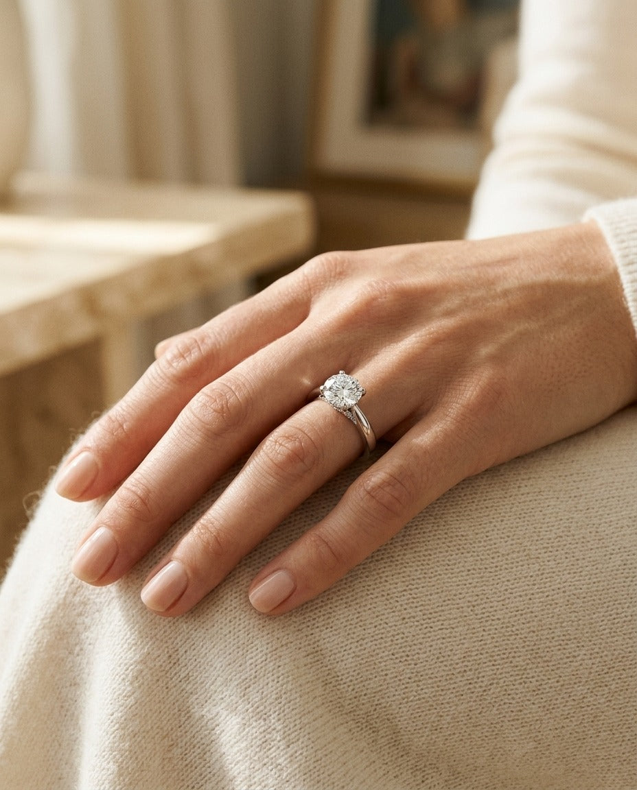 Diamond Ring with Milgrained Leaf Gallery in 14k White Gold ( 0.55ct Rb Center) — portrait close