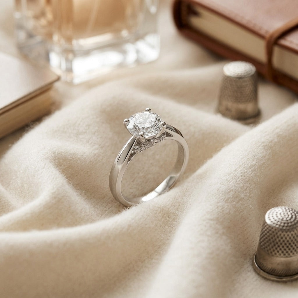 Diamond Ring with Milgrained Leaf Gallery in 14k White Gold ( 0.55ct Rb Center) — textile flat lay