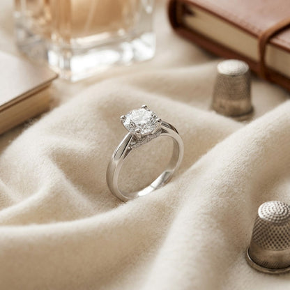 Diamond Ring with Milgrained Leaf Gallery in 14k White Gold ( 0.55ct Rb Center) — textile flat lay