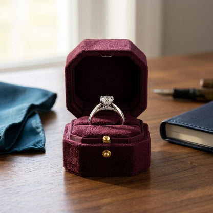 Diamond Ring with Milgrained Leaf Gallery in 14k White Gold ( 0.55ct Rb Center) — velvet box