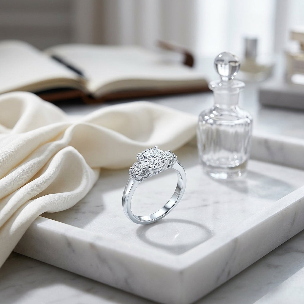 3 Stone Diamond Style Wedding Set With Diamond Studded Millgrain Galllery In 14k White Gold (1 Ctw) — atelier still life