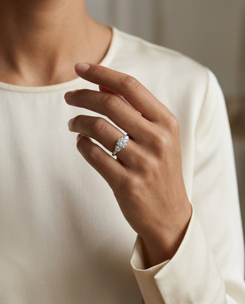 3 Stone Diamond Style Wedding Set With Diamond Studded Millgrain Galllery In 14k White Gold (1 Ctw) — editorial close-up