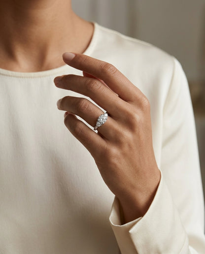 3 Stone Diamond Style Wedding Set With Diamond Studded Millgrain Galllery In 14k White Gold (1 Ctw) — editorial close-up