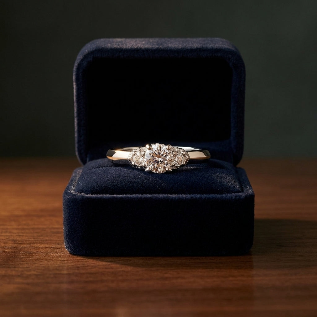 3 Stone Diamond Style Wedding Set With Diamond Studded Millgrain Galllery In 14k White Gold (1 Ctw) — gift presentation