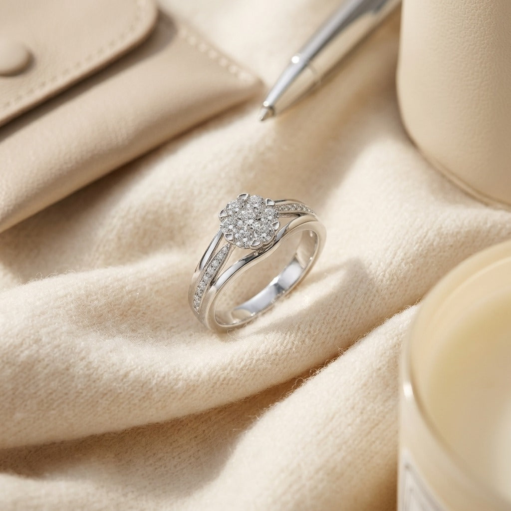 Diamond Triple Shank Ring in 14k White Gold - Missing Amazon Video 1 — textile flat lay