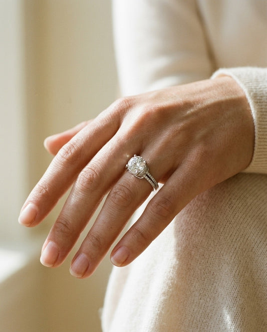Round Diamond Engagement Ring In 14k White Gold With 6.5mm Cubic Zirconia Center — portrait close