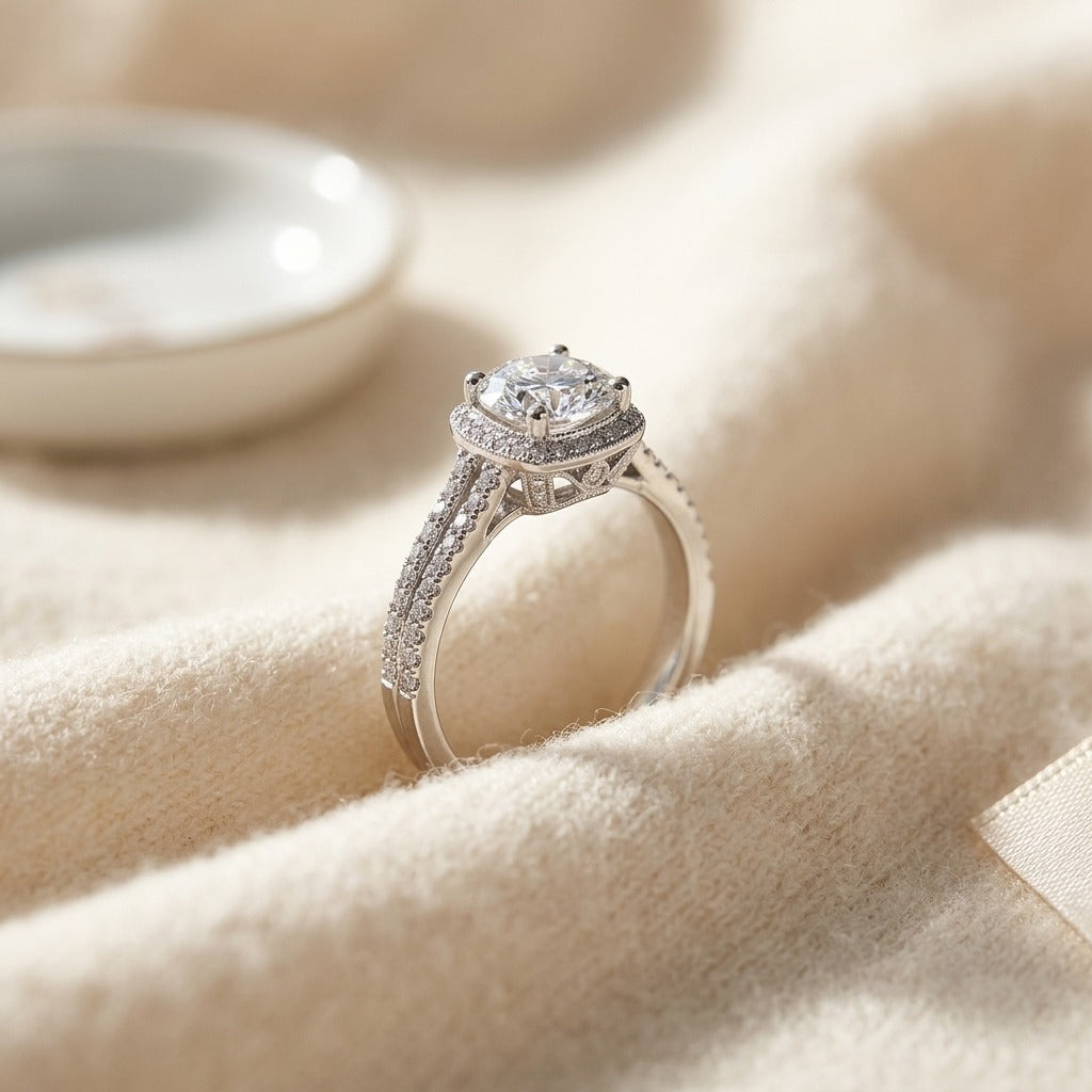 Round Diamond Engagement Ring In 14k White Gold With 6.5mm Cubic Zirconia Center — textile flat lay