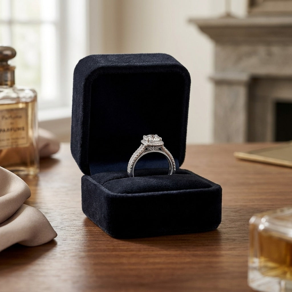 Round Diamond Engagement Ring In 14k White Gold With 6.5mm Cubic Zirconia Center — velvet box