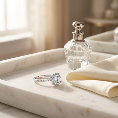 Round Diamond with Square Halo Engagement Ring in 14k White Gold (1ct Round Cz Center) — marble silk