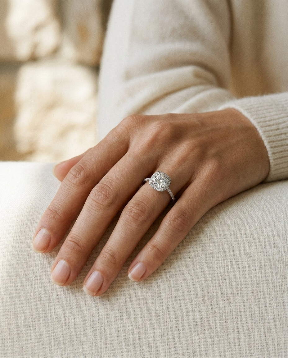 Round Diamond with Square Halo Engagement Ring in 14k White Gold (1ct Round Cz Center) — portrait close