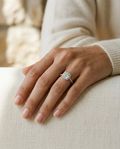 Round Diamond with Square Halo Engagement Ring in 14k White Gold (1ct Round Cz Center) — portrait close