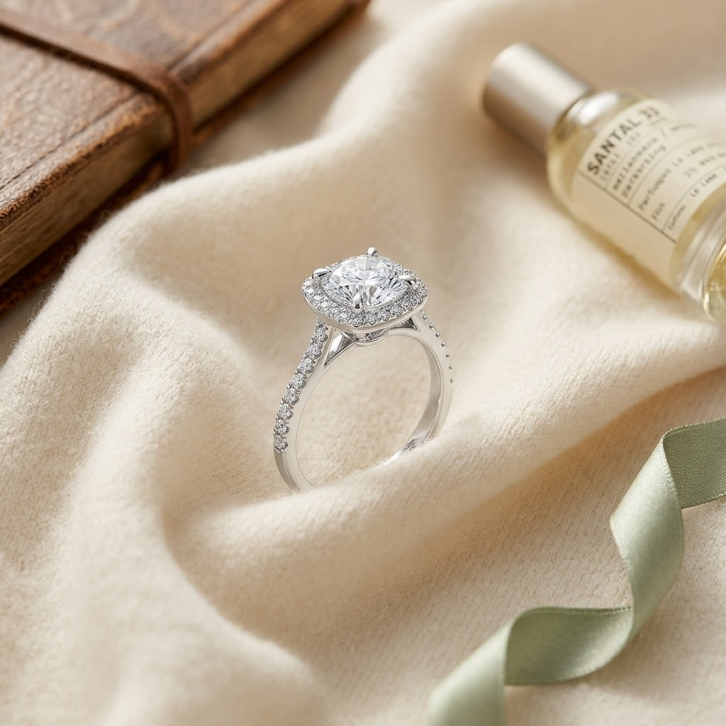 Round Diamond with Square Halo Engagement Ring in 14k White Gold (1ct Round Cz Center) — textile flat lay