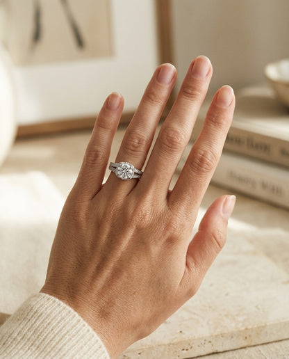 Round Diamond Split Shank Engagement Ring In 14k White Gold With 6.5mm Cubic Zirconia Center — portrait close