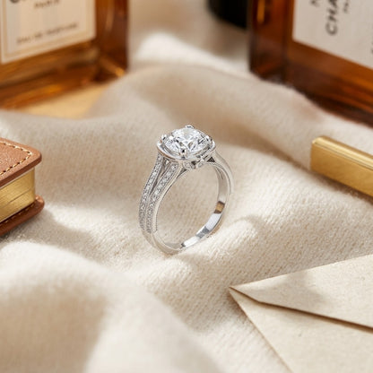 Round Diamond Split Shank Engagement Ring In 14k White Gold With 6.5mm Cubic Zirconia Center — textile flat lay