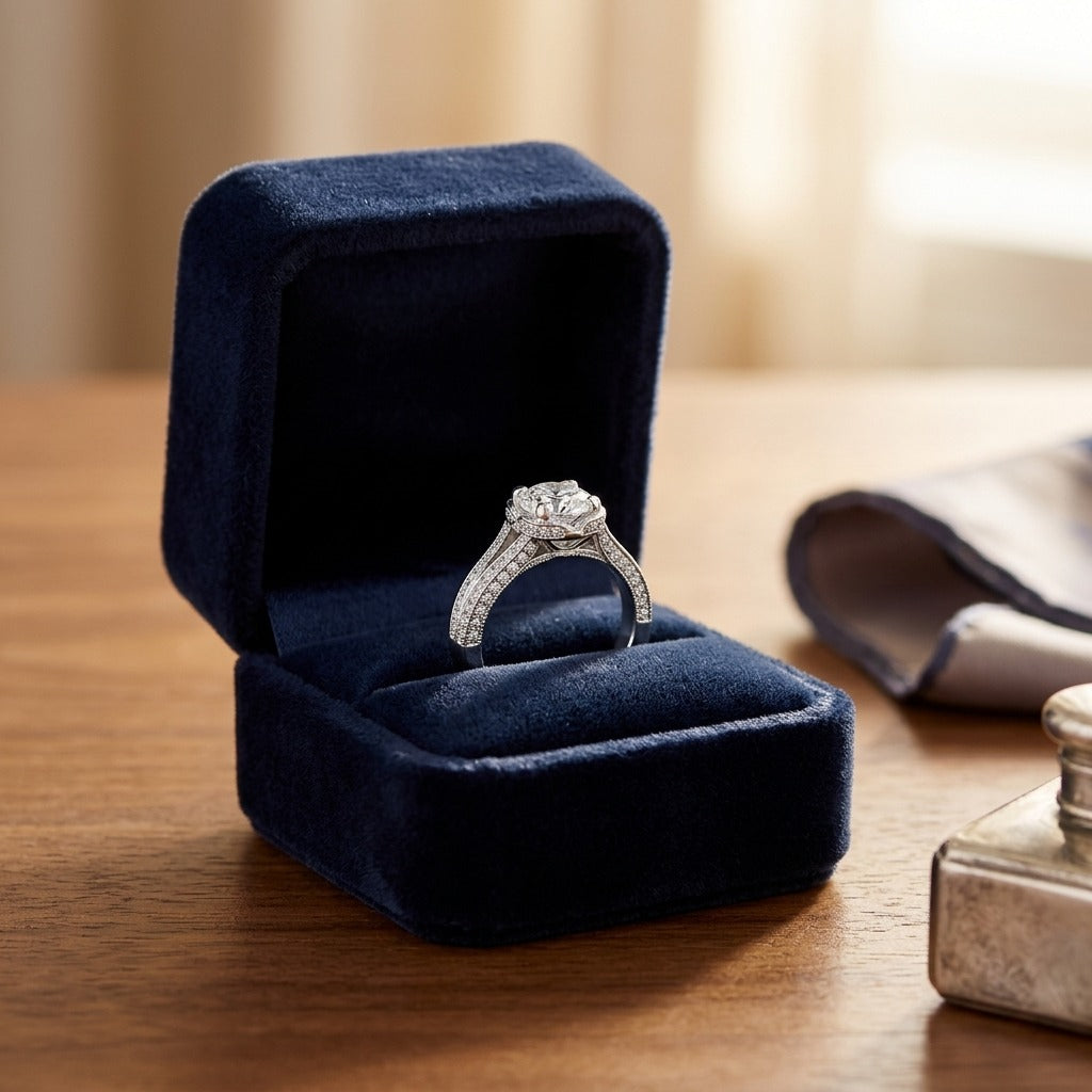 Round Diamond Split Shank Engagement Ring In 14k White Gold With 6.5mm Cubic Zirconia Center — velvet box