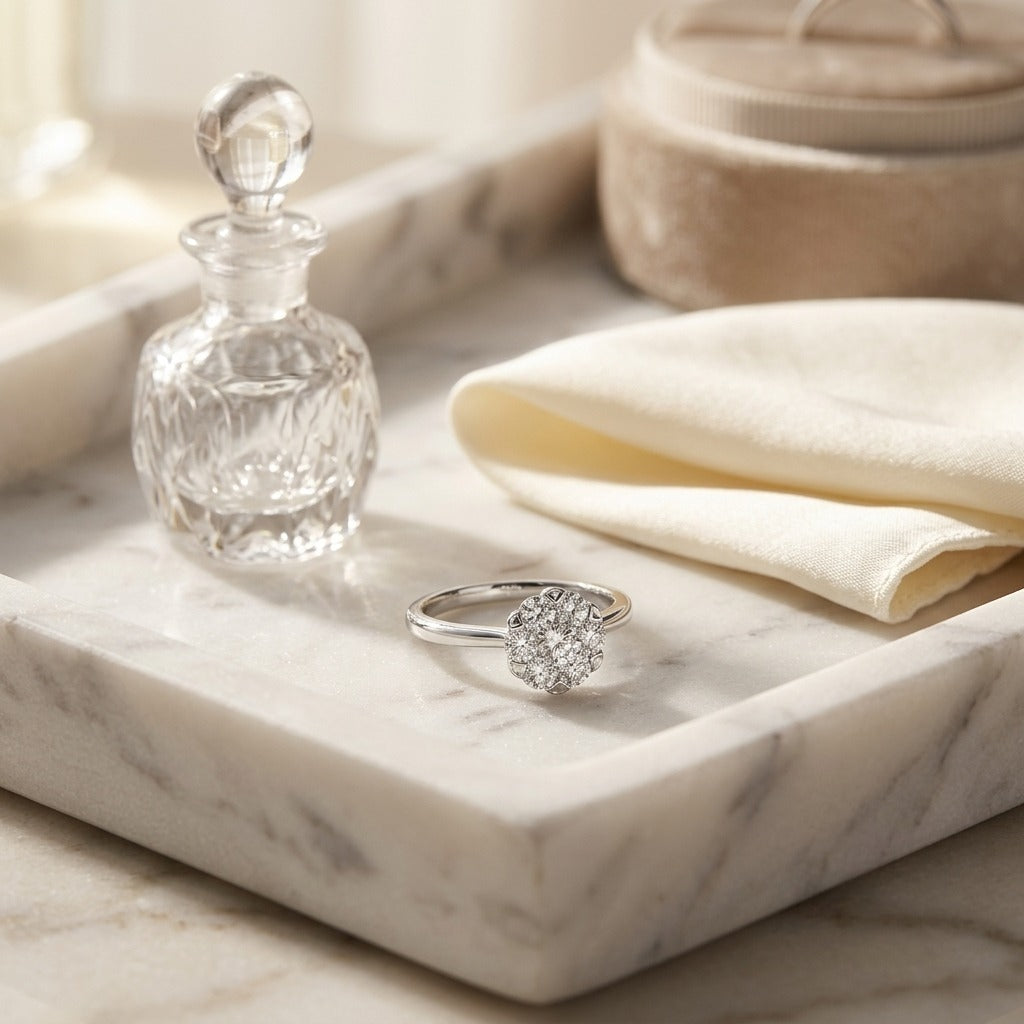 Diamond Cluster Solitaire Ring In 14k White Gold — marble silk
