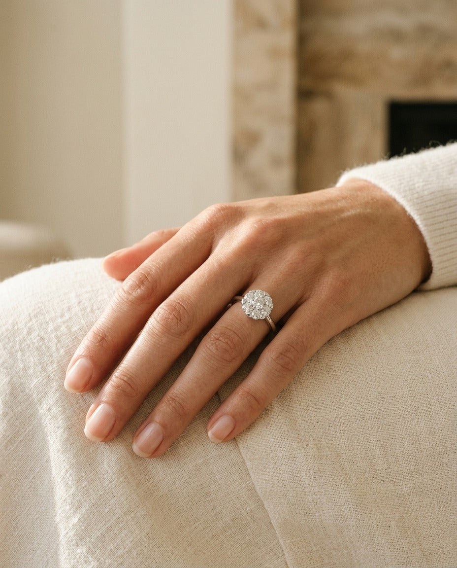 Diamond Cluster Solitaire Ring In 14k White Gold — portrait close