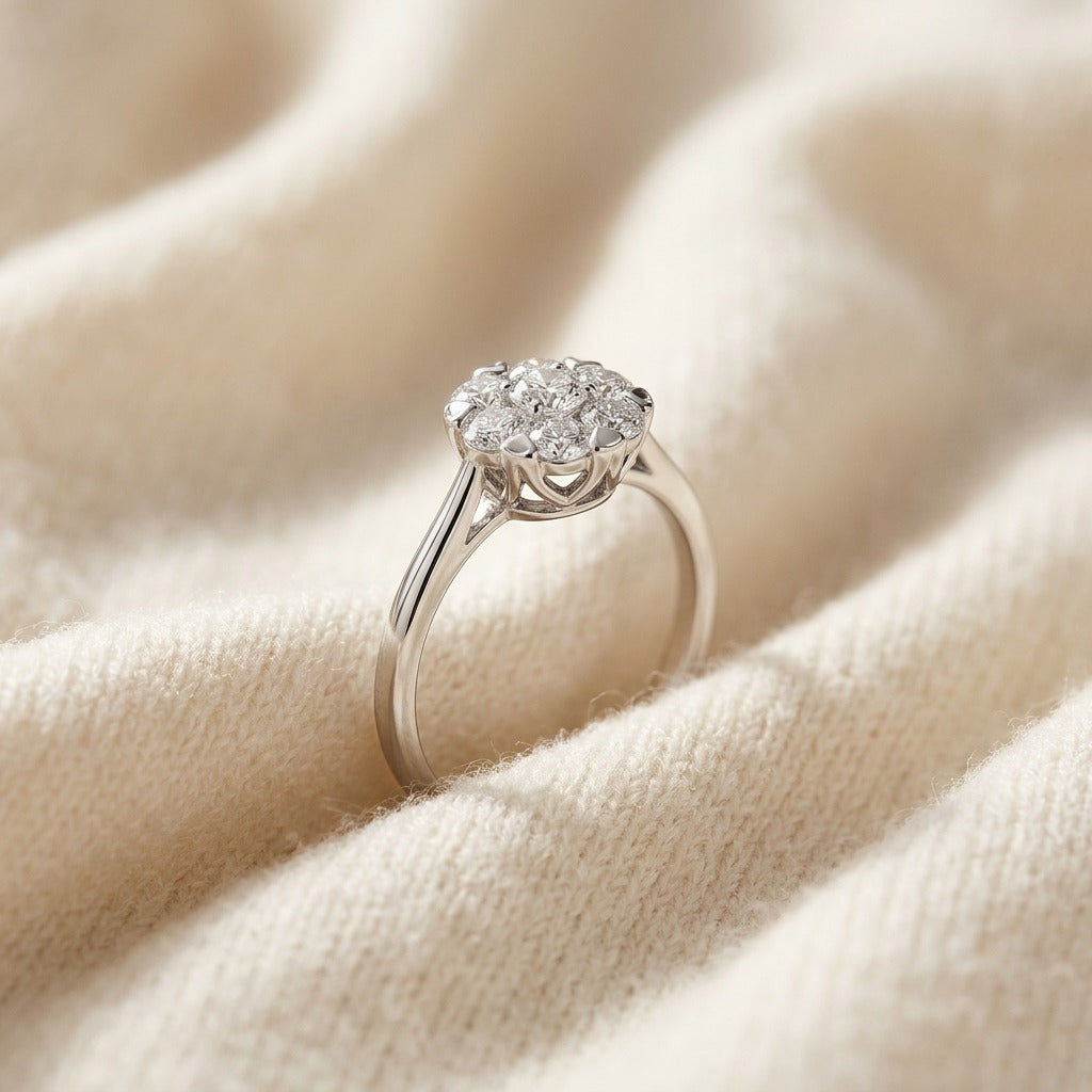 Diamond Cluster Solitaire Ring In 14k White Gold — textile flat lay
