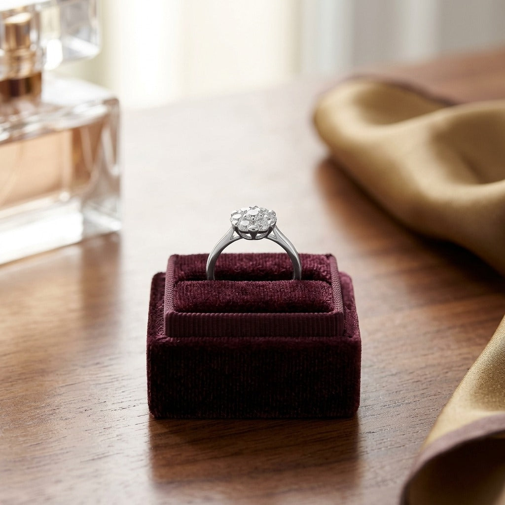 Diamond Cluster Solitaire Ring In 14k White Gold — velvet box