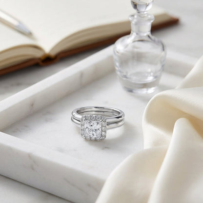 Diamond Square Halo Wedding Set In 14k White Gold (1ct Princess Cut Center) — atelier still life