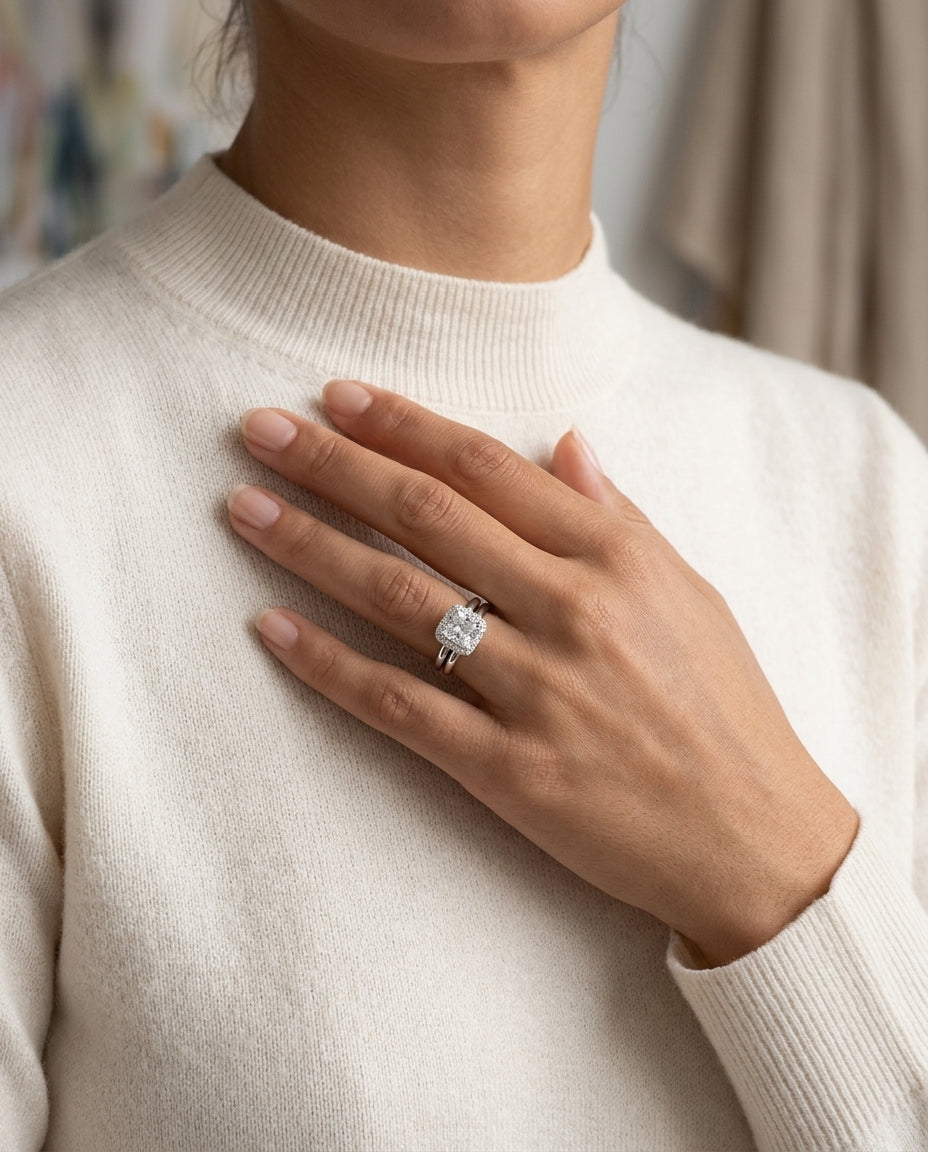 Diamond Square Halo Wedding Set In 14k White Gold (1ct Princess Cut Center) — editorial close-up