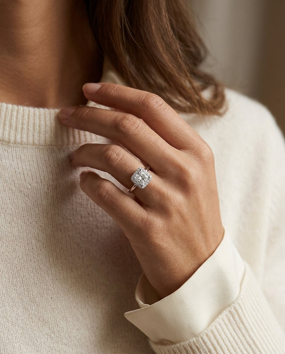 Princess Cut Wedding Set In 14k White Gold — editorial close-up